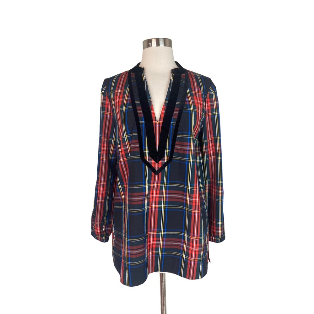 J Crew Tunic Top S Black Stewart Tartan Plaid Velvet-Trimmed V-Veck Holidays